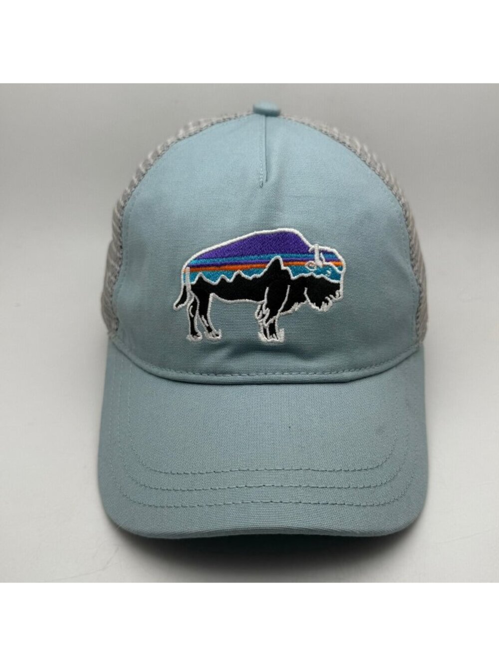 Patagonia Men's Trucker Hat Blue Gray Buffalo Bison Logo Snapback Cap Outdoor